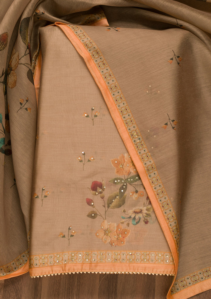 Light Brown Threadwork Chanderi Unstitched Salwar Suit