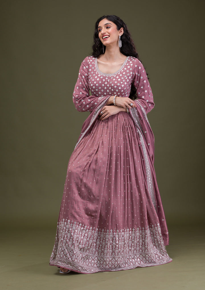 Light Brown Zariwork Georgette Readymade Anarkali Suit