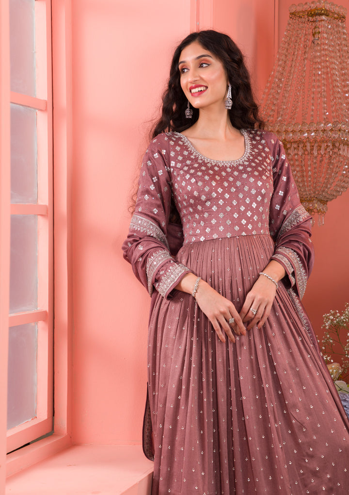 Light Brown Zariwork Georgette Readymade Anarkali Suit