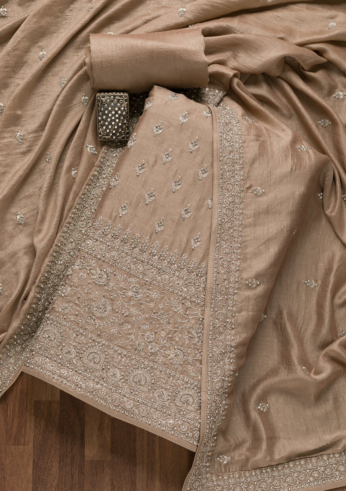 Light Brown Zariwork Raw Silk Unstitched Salwar Suit