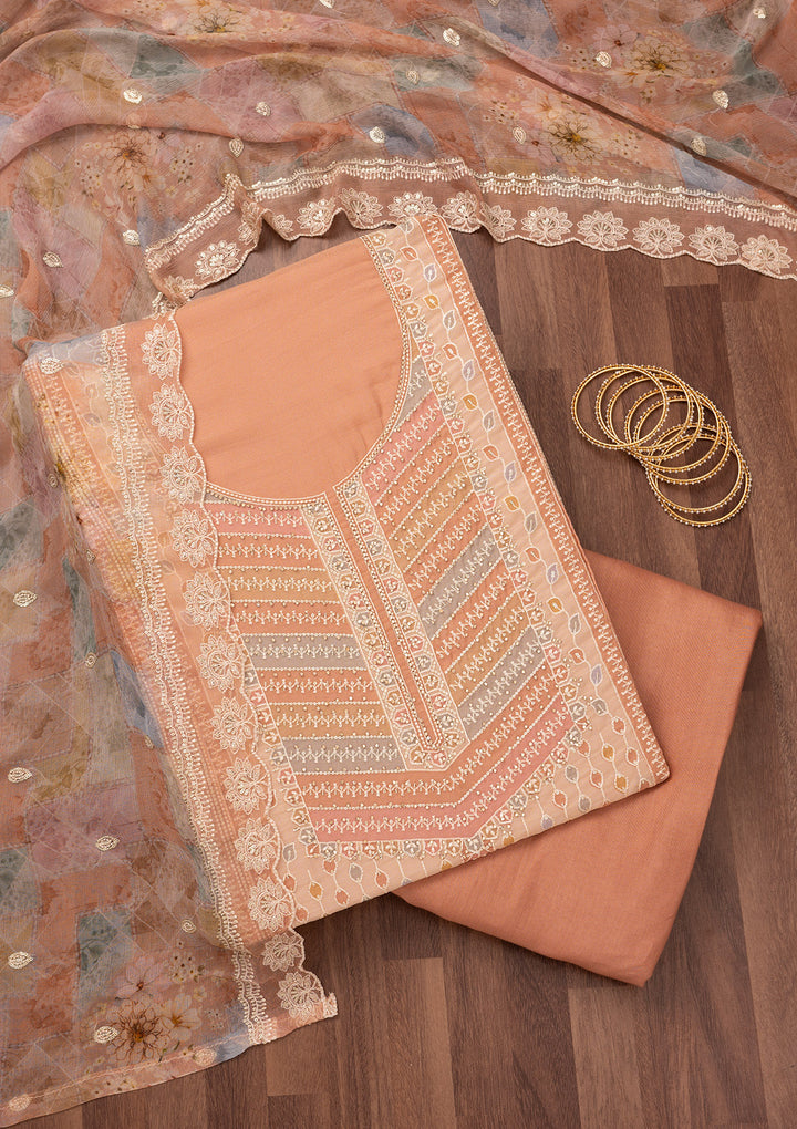 Light Brown Zariwork Semi Crepe Unstitched Salwar Suit