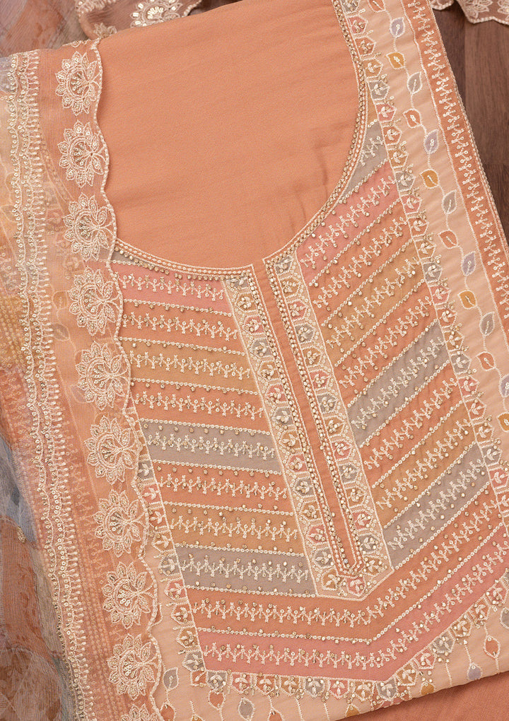 Light Brown Zariwork Semi Crepe Unstitched Salwar Suit