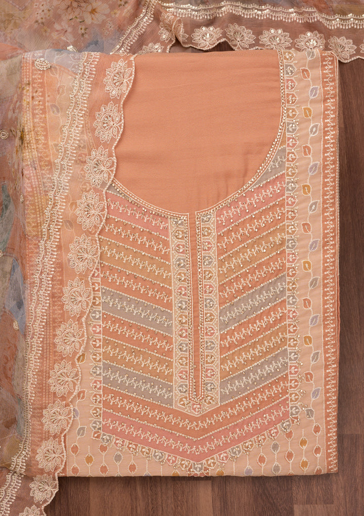 Light Brown Zariwork Semi Crepe Unstitched Salwar Suit