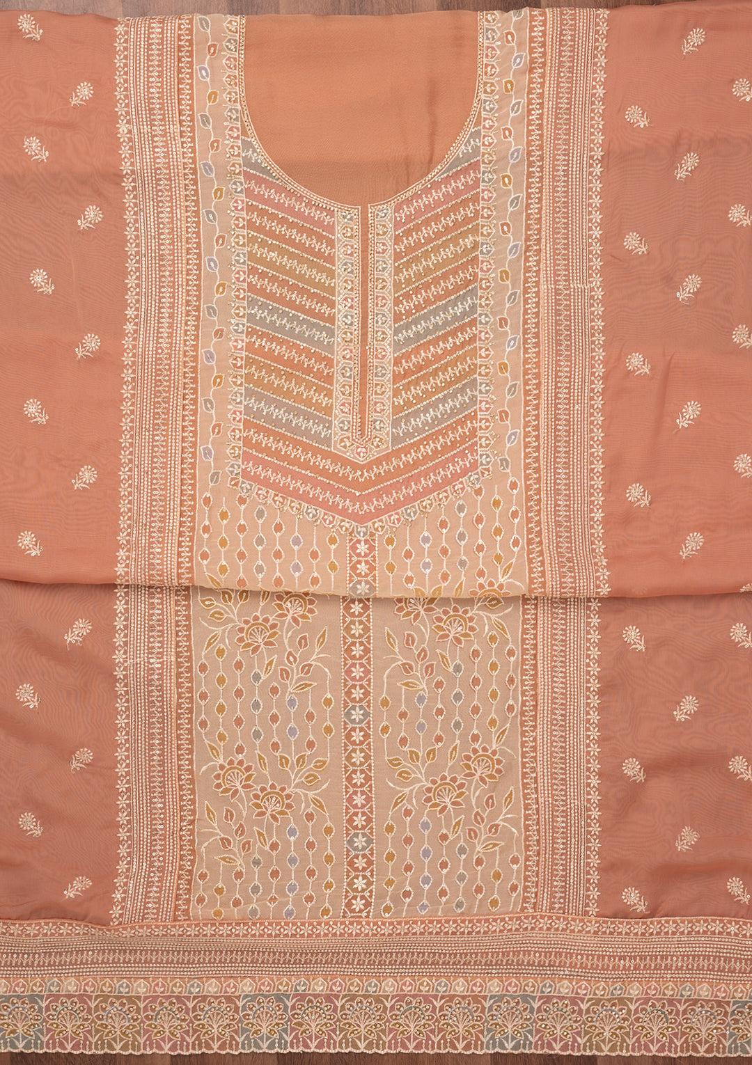 Light Brown Zariwork Semi Crepe Unstitched Salwar Suit
