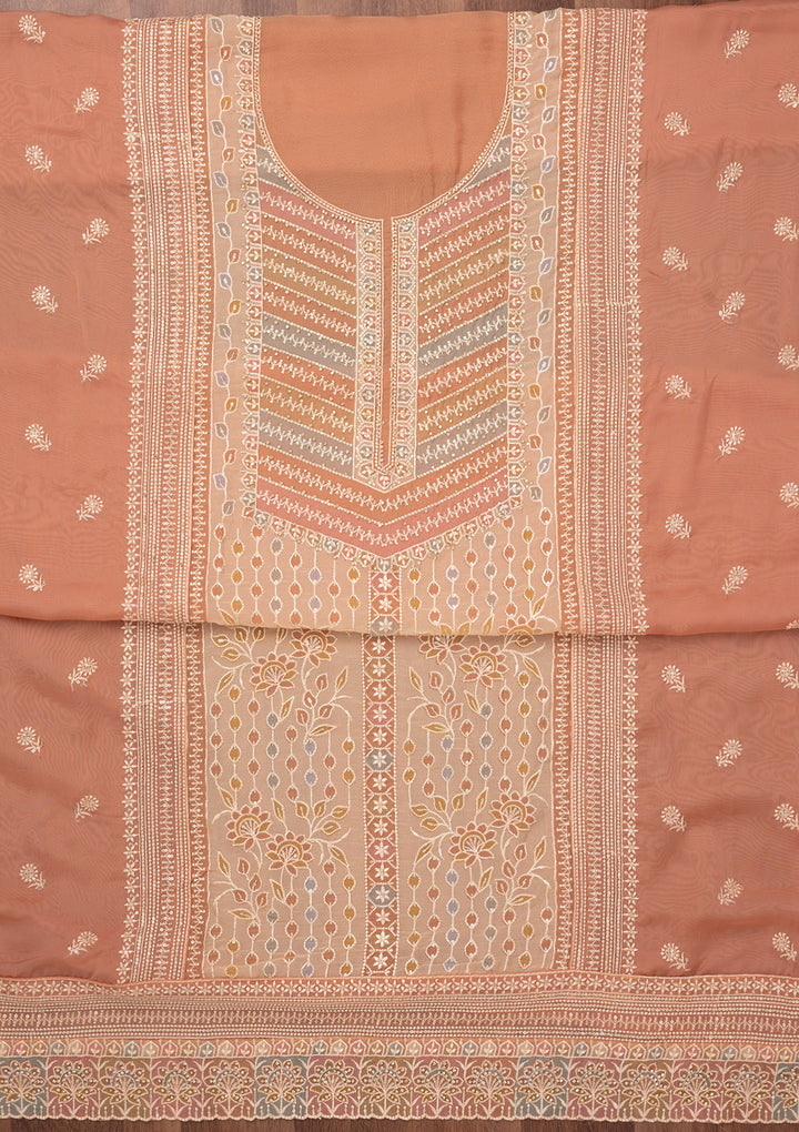 Light Brown Zariwork Semi Crepe Unstitched Salwar Suit