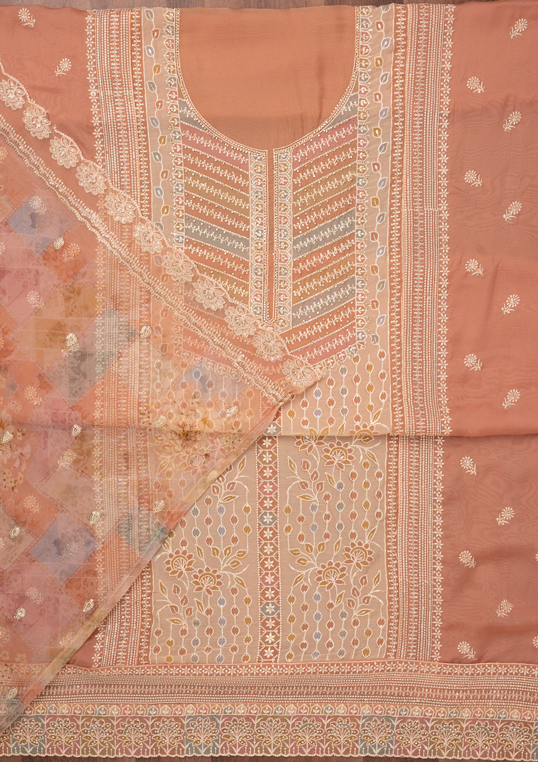 Light Brown Zariwork Semi Crepe Unstitched Salwar Suit