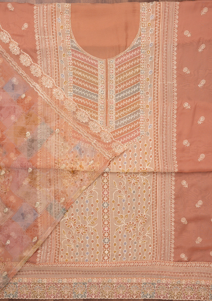 Light Brown Zariwork Semi Crepe Unstitched Salwar Suit