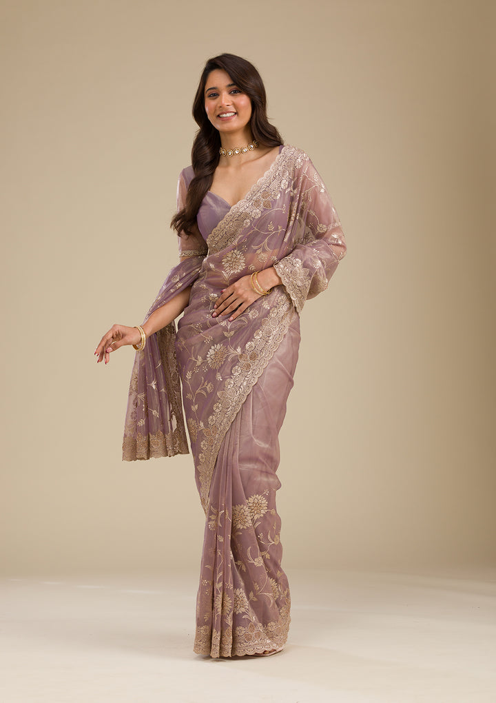 Light Brown Zariwork Tissue Saree