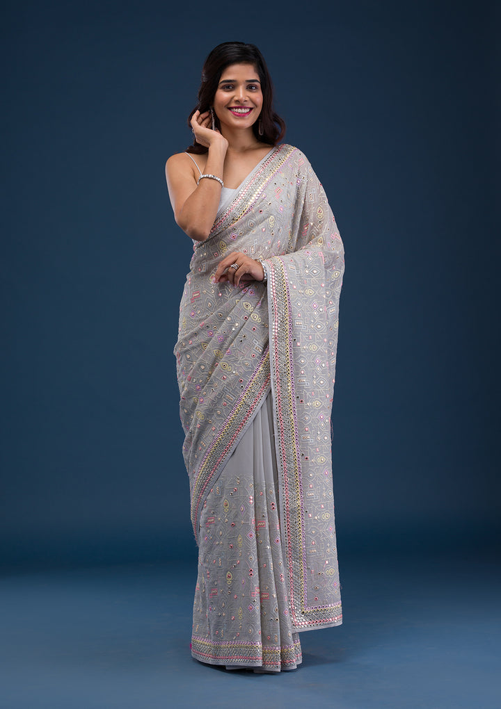 Light Grey Gotapatti Georgette Saree