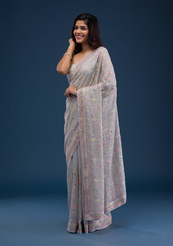 Light Grey Gotapatti Georgette Saree