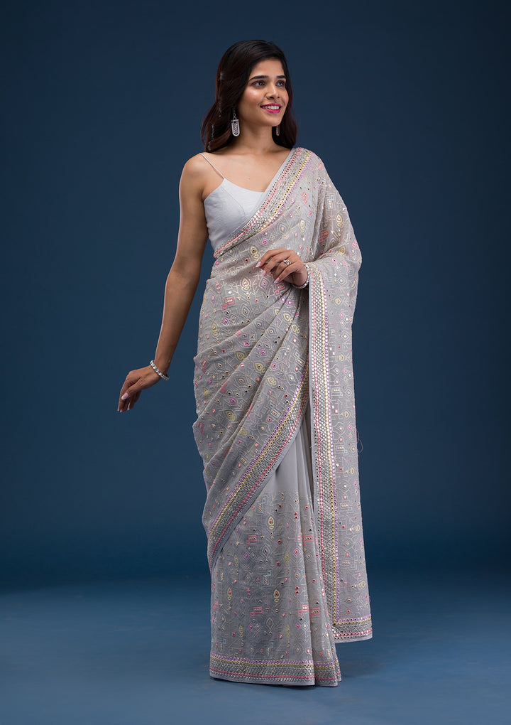 Light Grey Gotapatti Georgette Saree