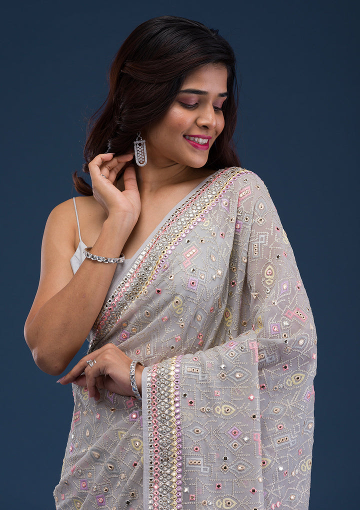 Light Grey Gotapatti Georgette Saree