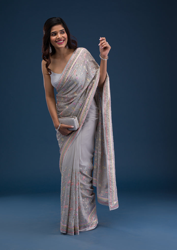 Light Grey Gotapatti Georgette Saree