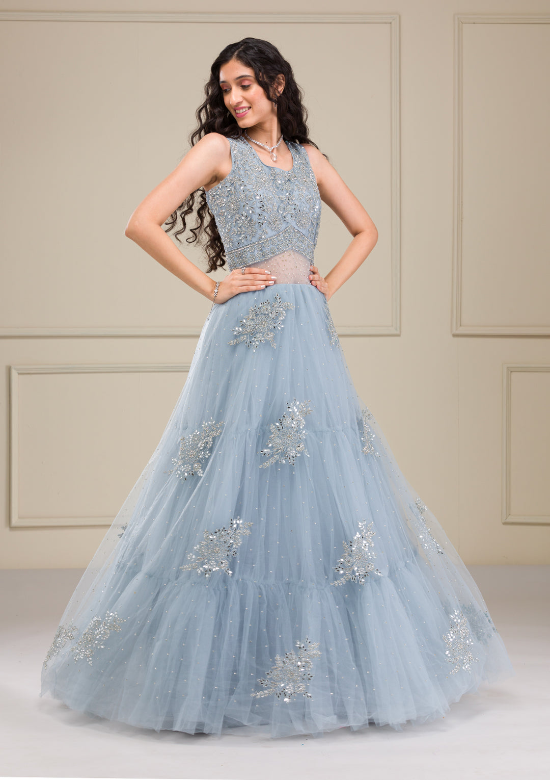 Light Grey Mirrorwork Net Gown