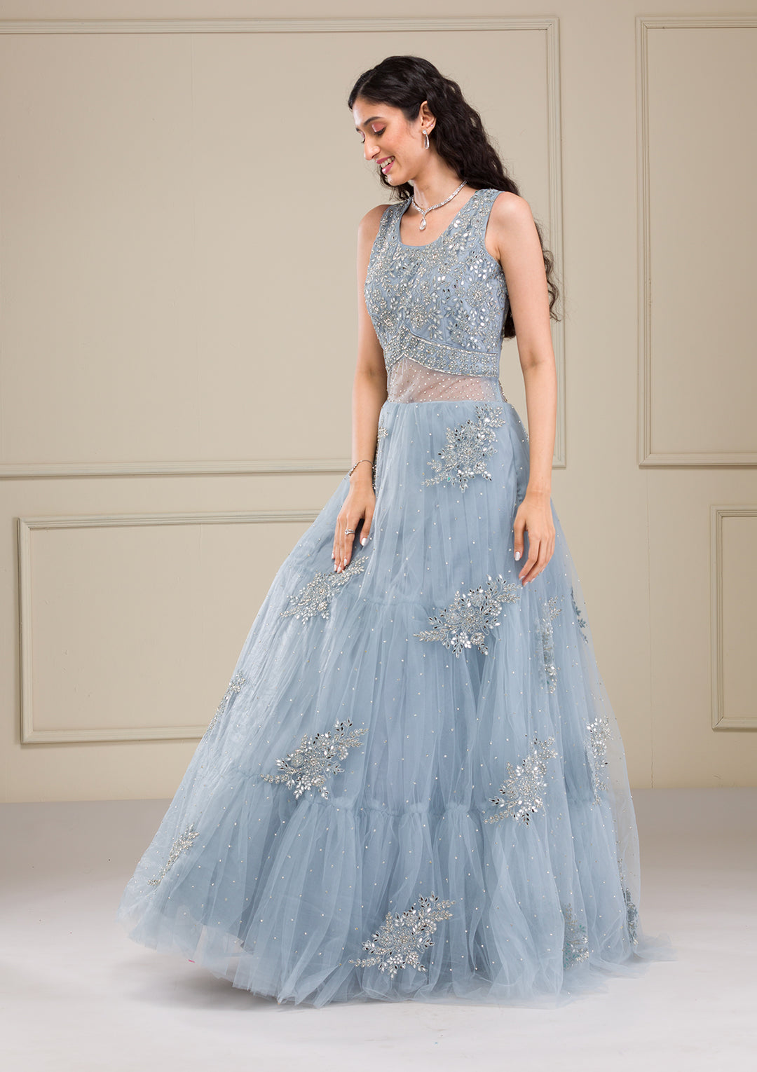Light Grey Mirrorwork Net Gown