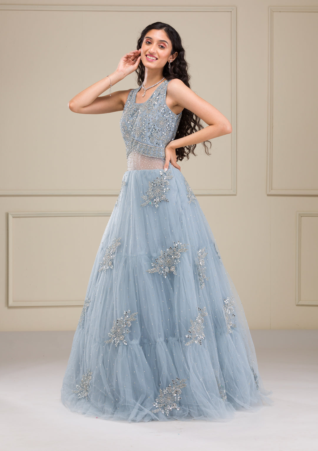 Light Grey Mirrorwork Net Gown