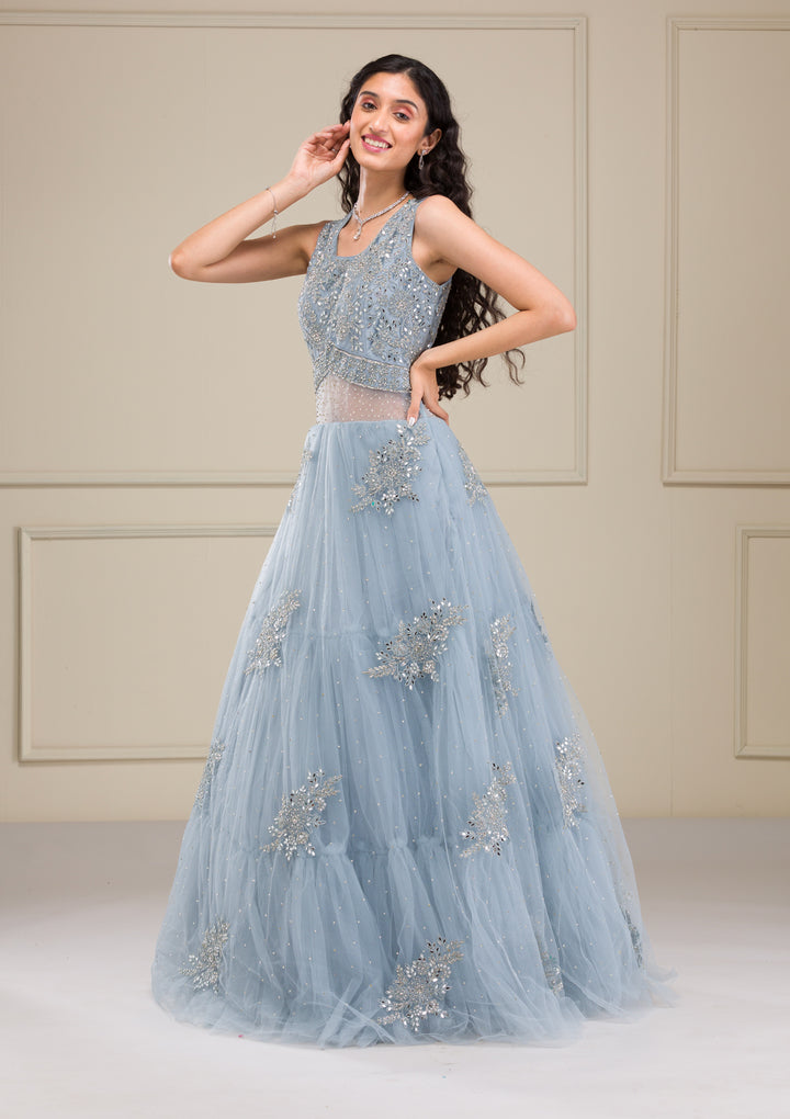 Light Grey Mirrorwork Net Gown