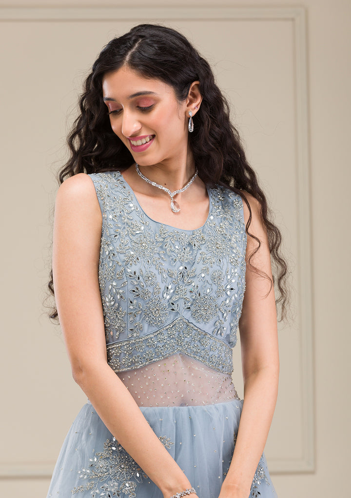 Light Grey Mirrorwork Net Gown