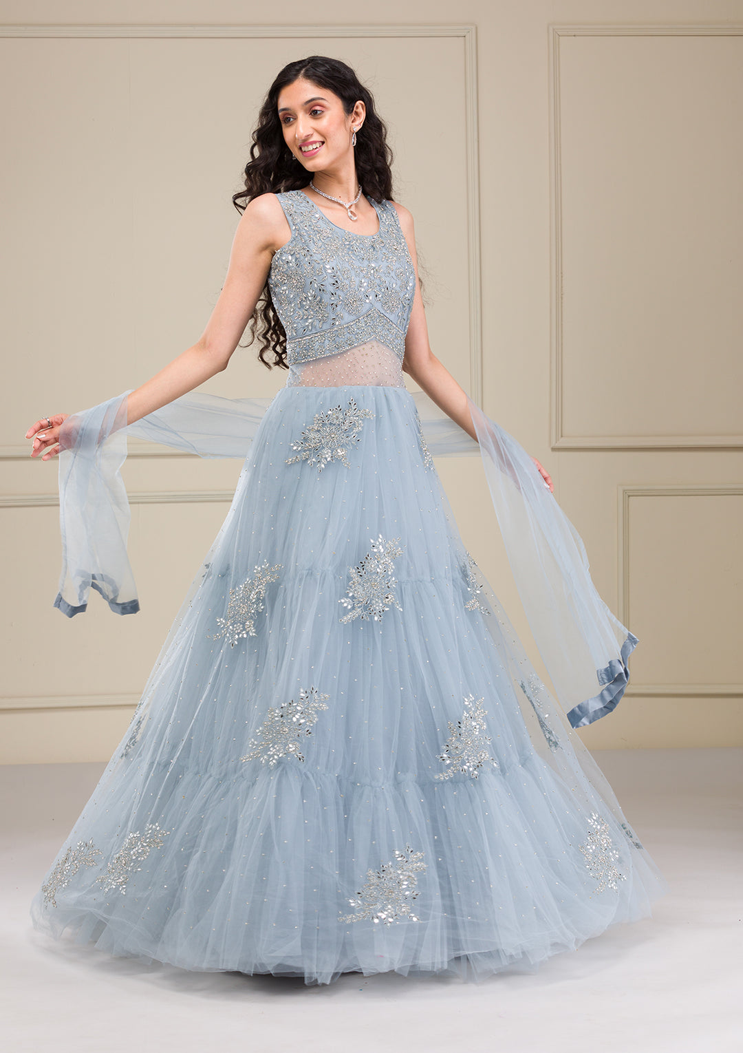 Light Grey Mirrorwork Net Gown