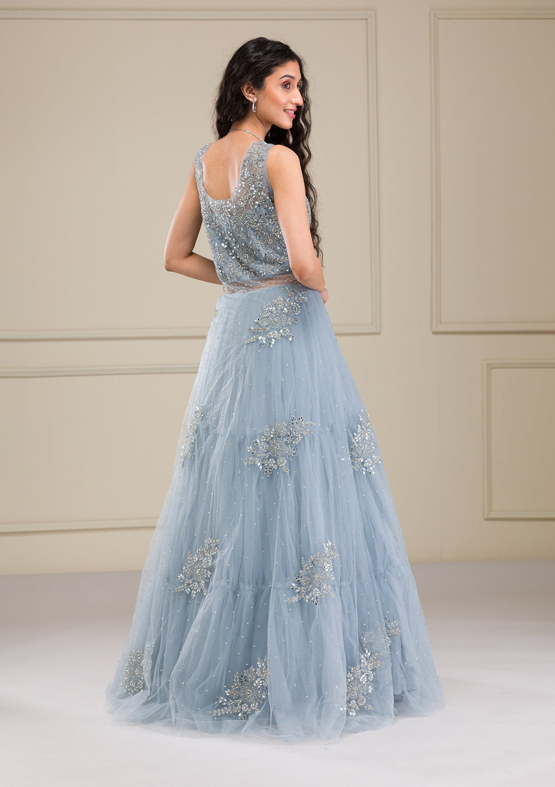 Light Grey Mirrorwork Net Gown