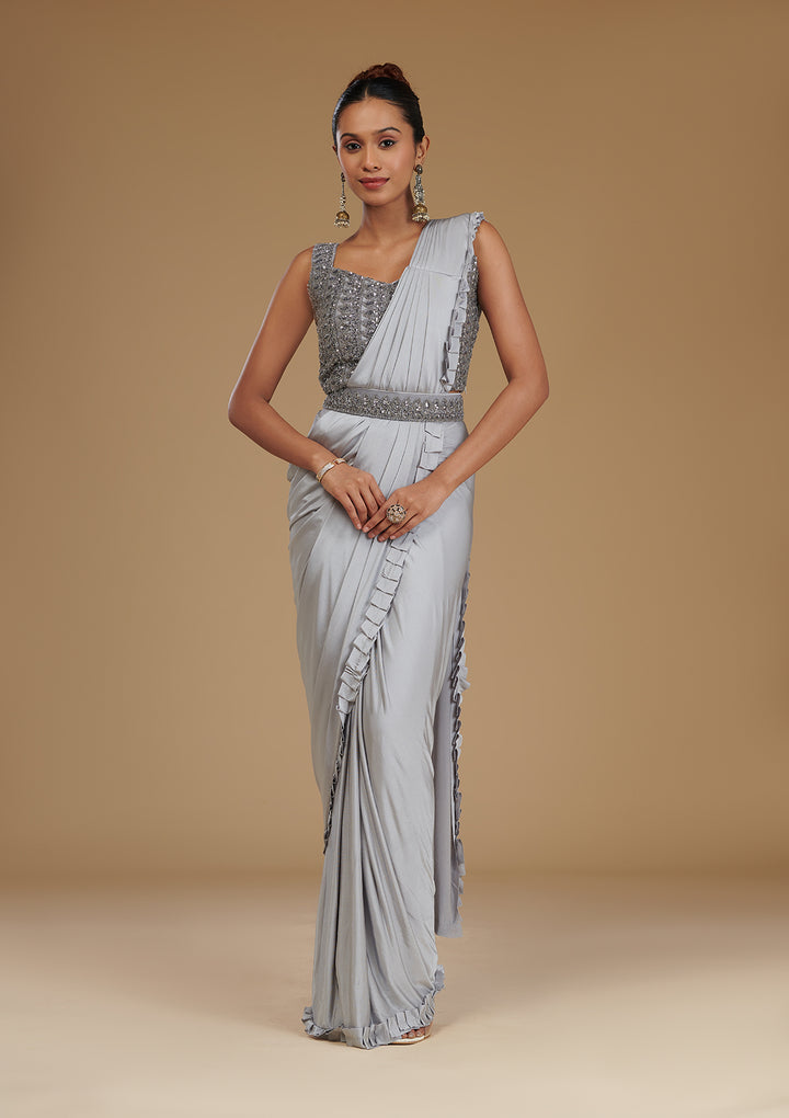 Light Grey Pearlwork Satin Readymade Saree