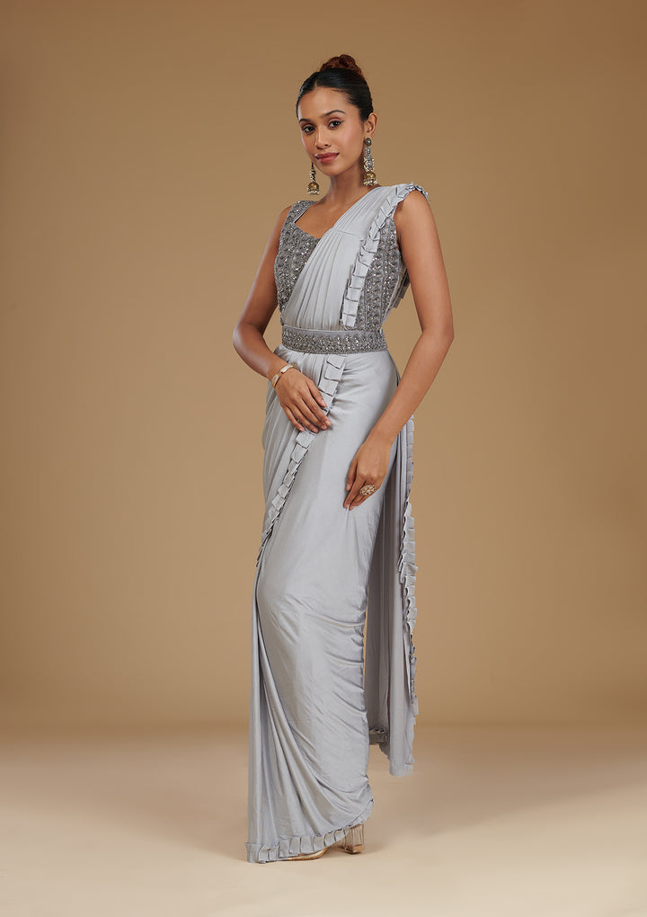 Light Grey Pearlwork Satin Readymade Saree