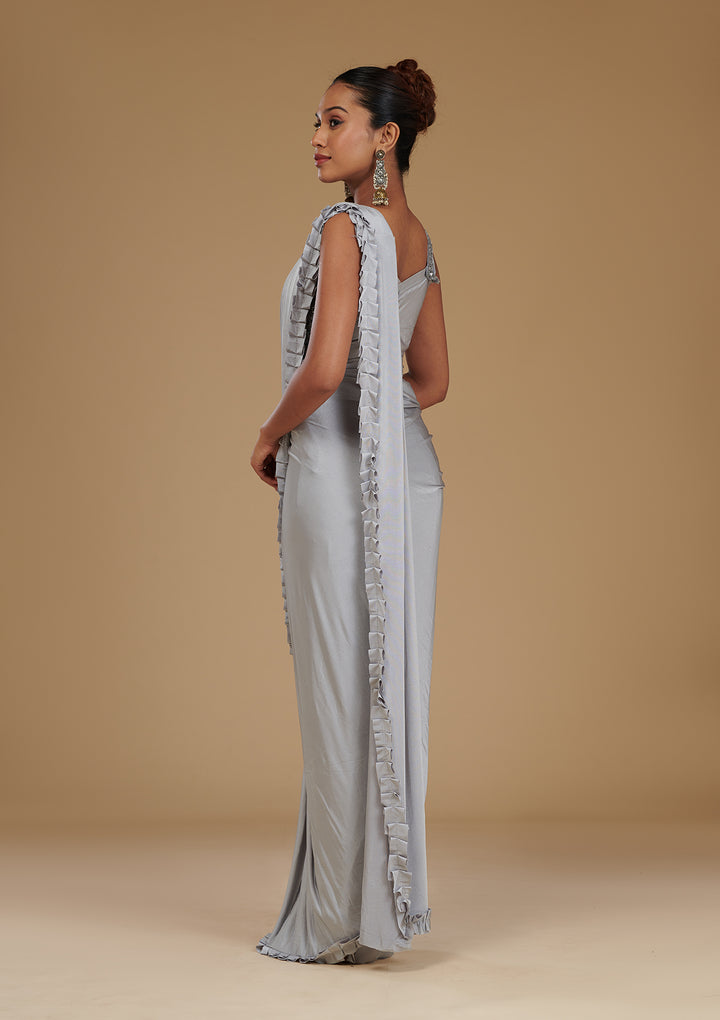 Light Grey Pearlwork Satin Readymade Saree
