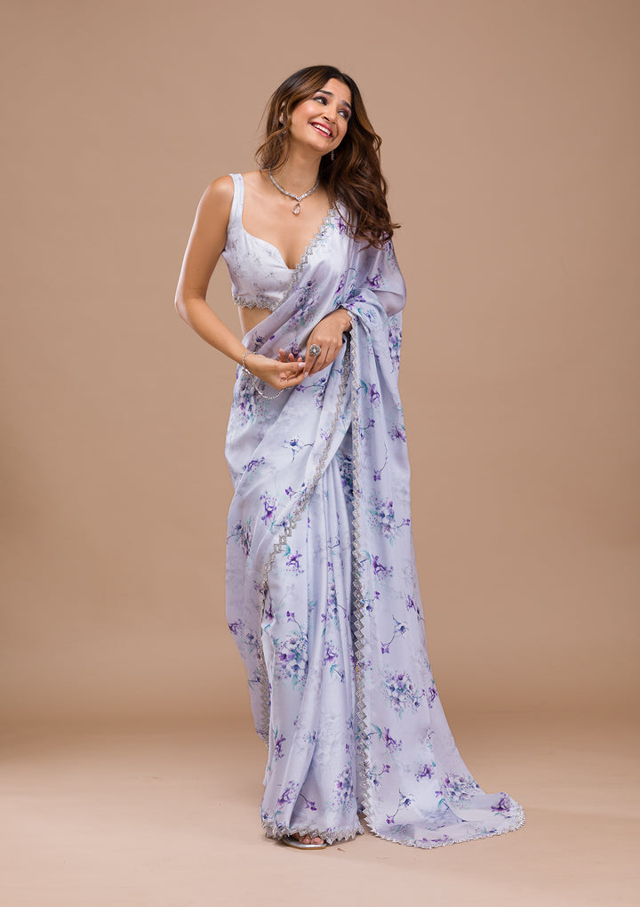 Light Grey Printed Satin Saree