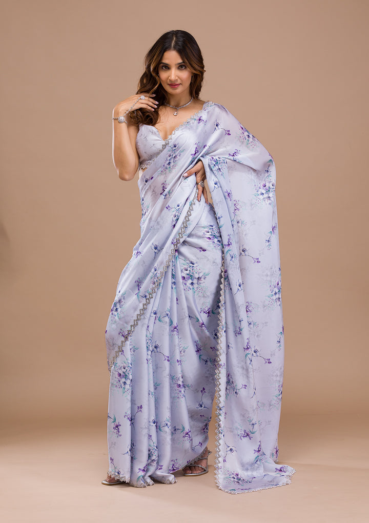 Light Grey Printed Satin Saree