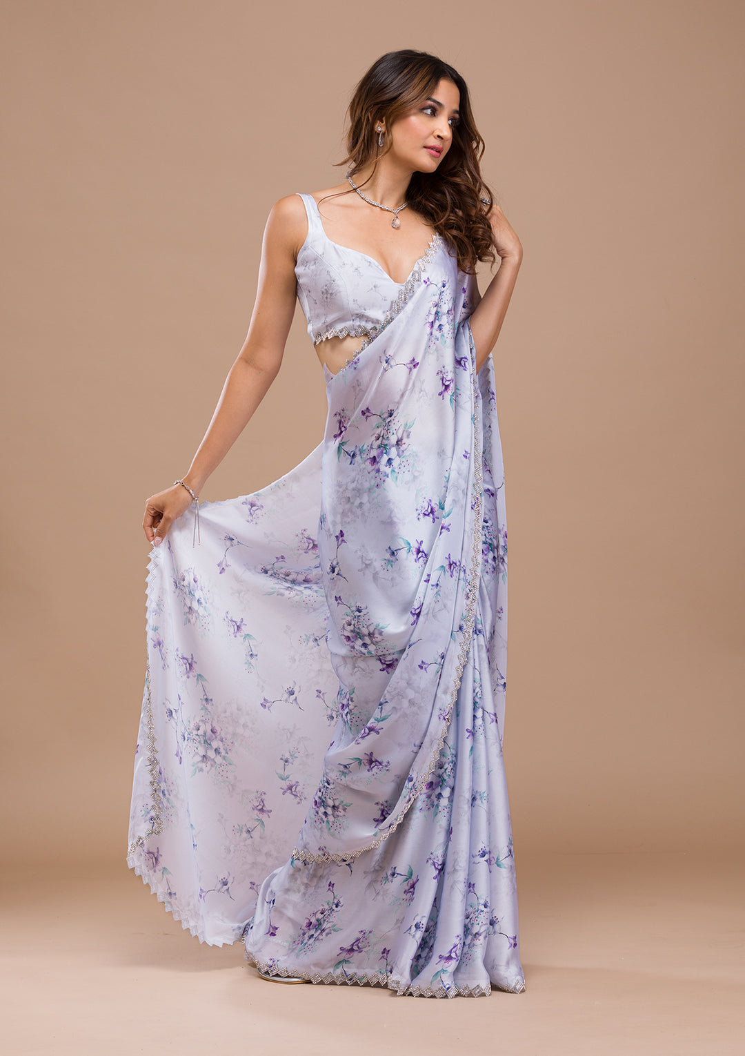 Light Grey Printed Satin Saree
