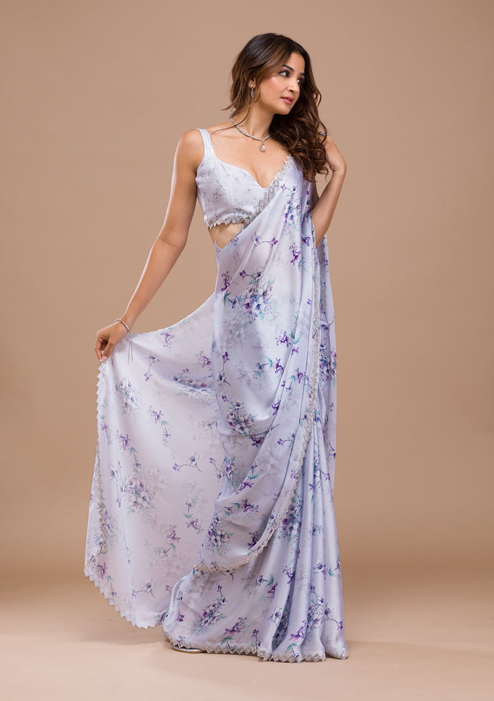 Light Grey Printed Satin Saree