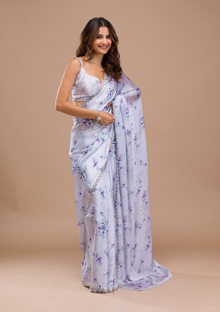 Light Grey Printed Satin Saree