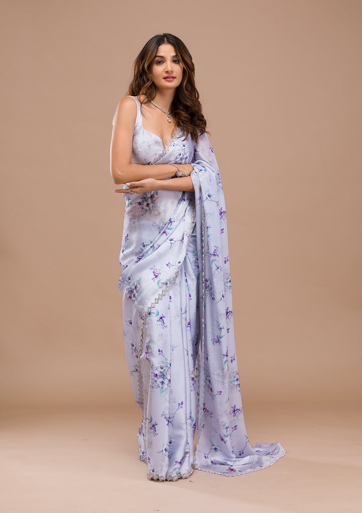 Light Grey Printed Satin Saree