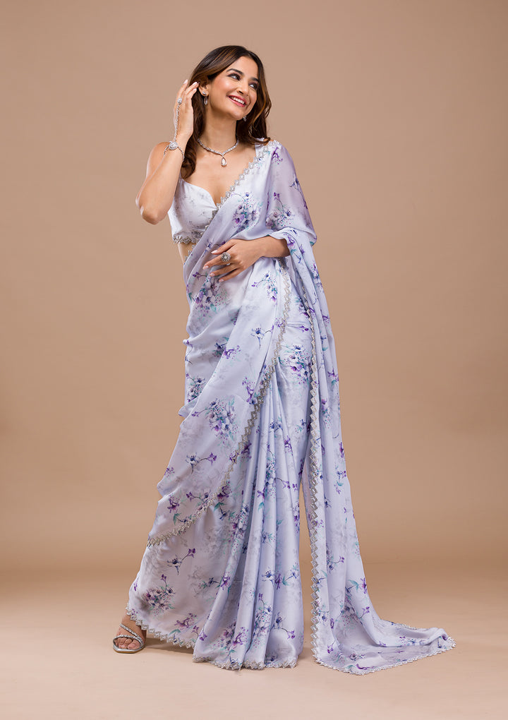 Light Grey Printed Satin Saree