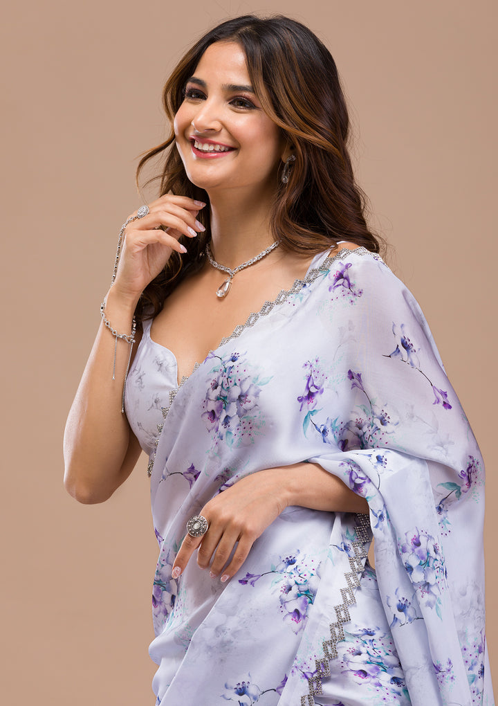 Light Grey Printed Satin Saree
