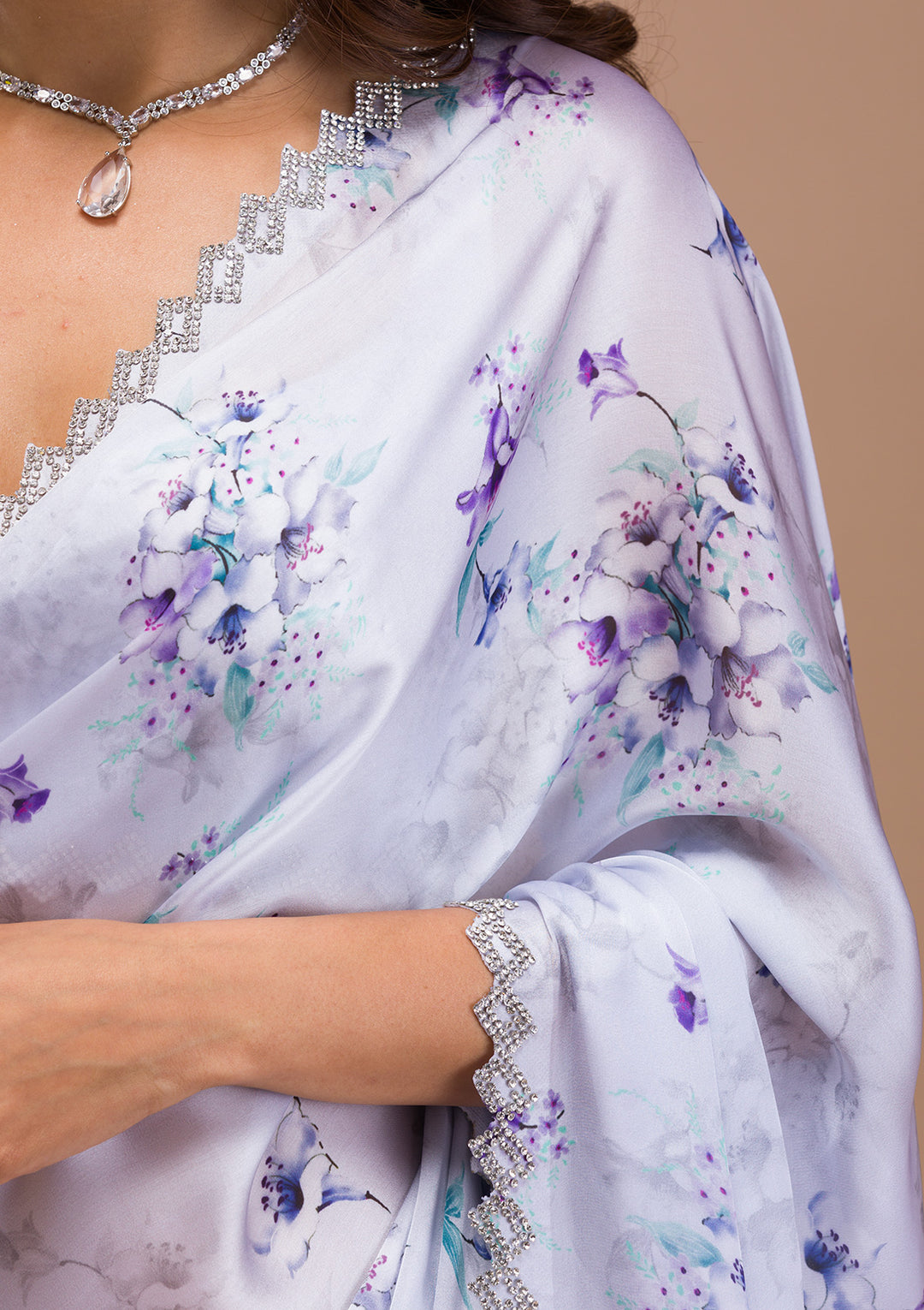 Light Grey Printed Satin Saree