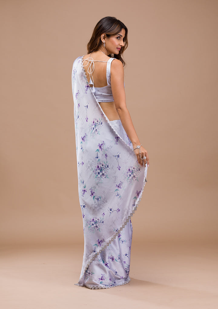 Light Grey Printed Satin Saree