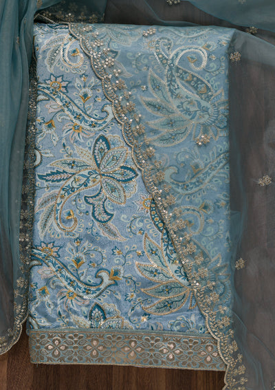 Light Grey Printed Semi Crepe Unstitched Salwar Suit