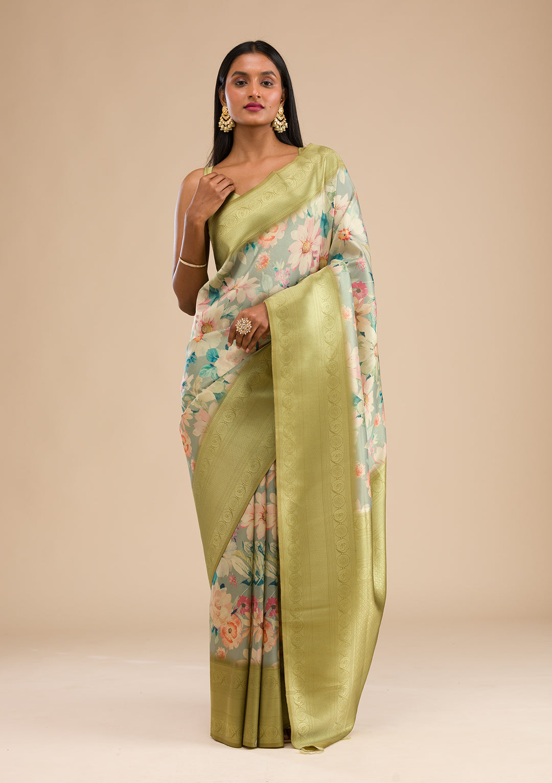 Light Grey Printed Soft Silk Saree