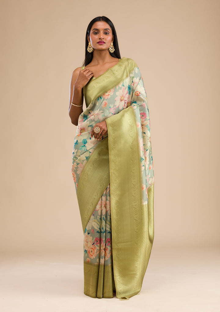 Light Grey Printed Soft Silk Saree