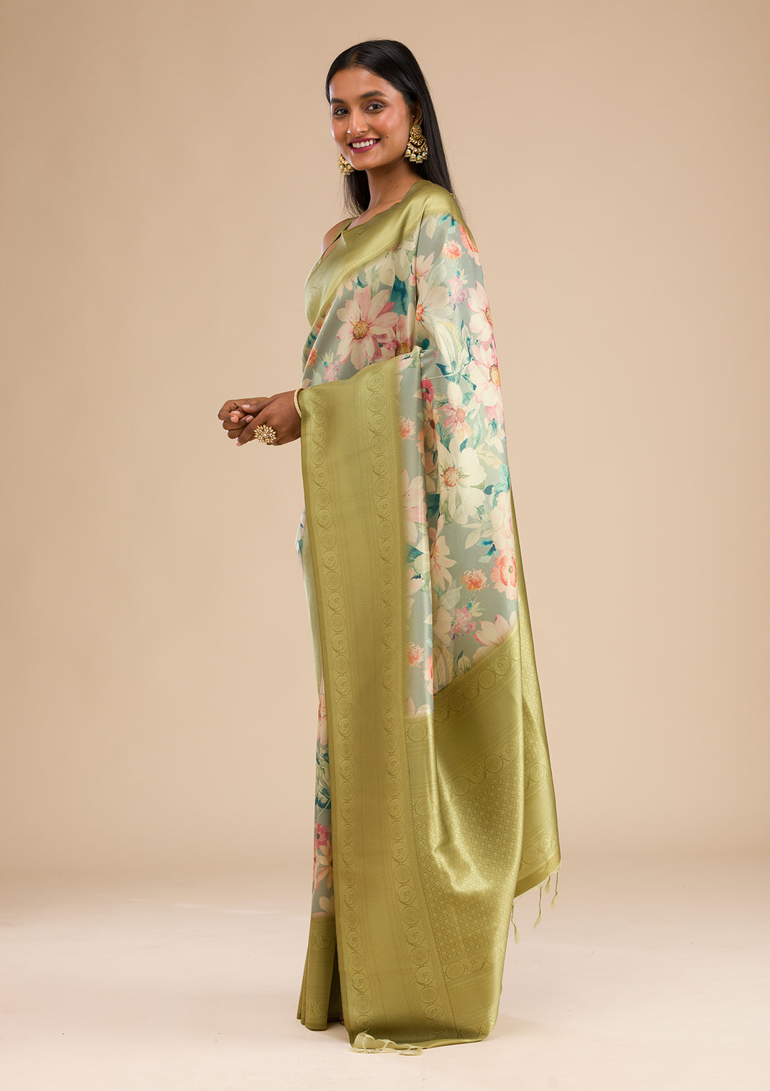 Light Grey Printed Soft Silk Saree