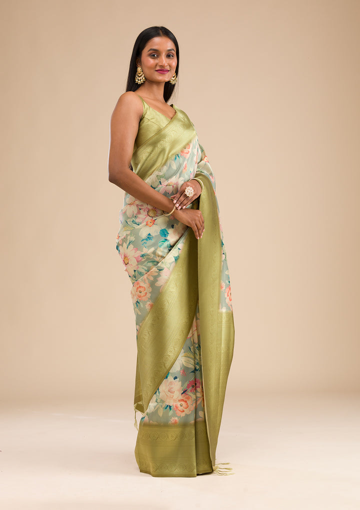 Light Grey Printed Soft Silk Saree