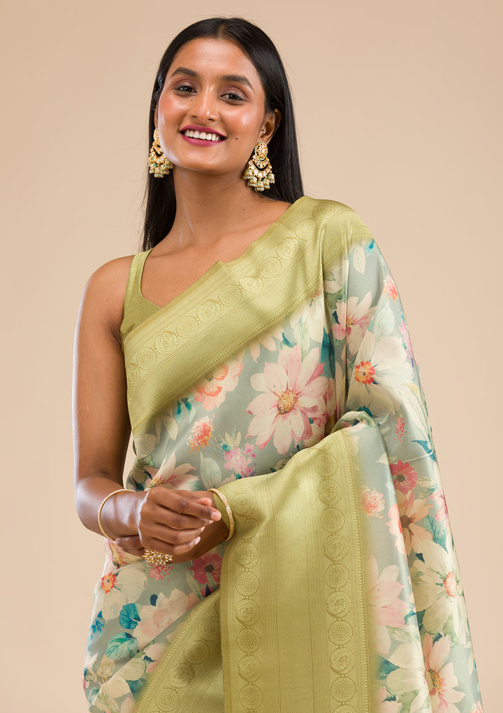 Light Grey Printed Soft Silk Saree
