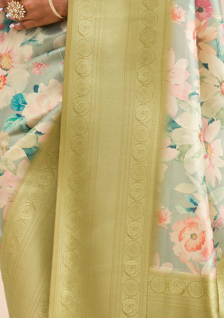 Light Grey Printed Soft Silk Saree