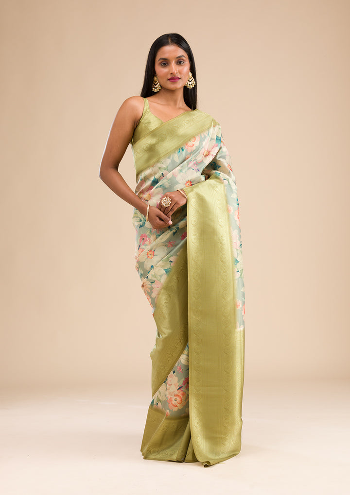 Light Grey Printed Soft Silk Saree