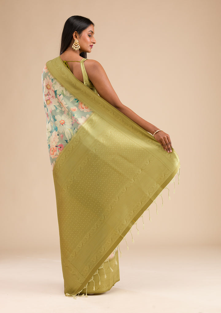 Light Grey Printed Soft Silk Saree