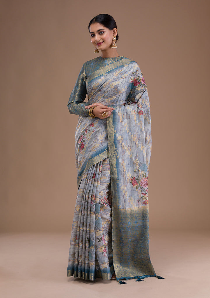 Light Grey Printed Tissue Saree