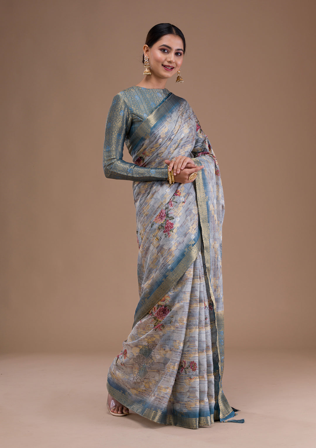 Light Grey Printed Tissue Saree