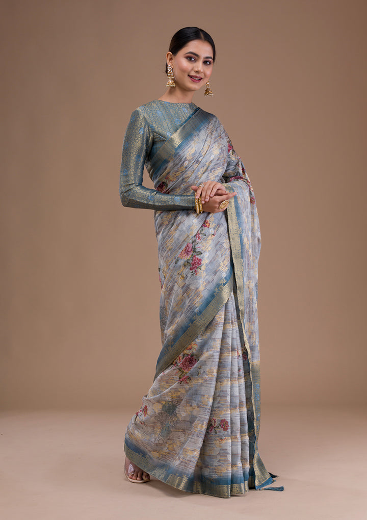 Light Grey Printed Tissue Saree
