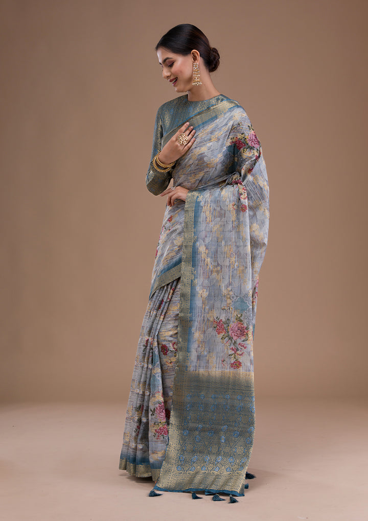 Light Grey Printed Tissue Saree